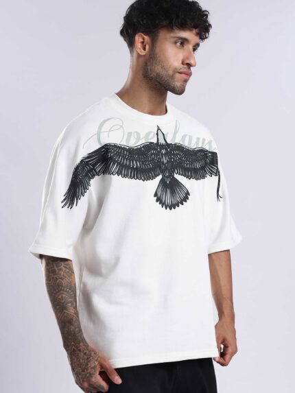 Saras Premium Oversized White T-Shirt with Bold Flying Bird Graphic